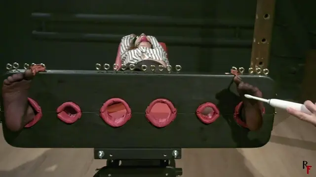 Poster: Nylon feet tickling in stocks for Mora in Y position