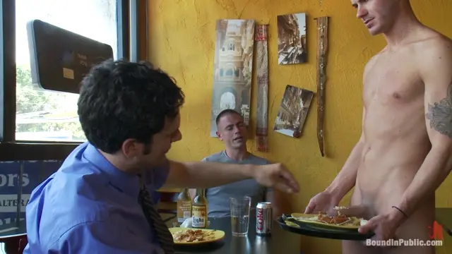 Poster: Restaurant patrons abuse a bad waiter and make him serve naked in public.