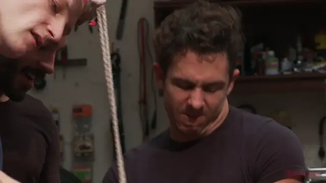 Poster: Muscled mechanic, bound, fucked from both ends, and doused with cum